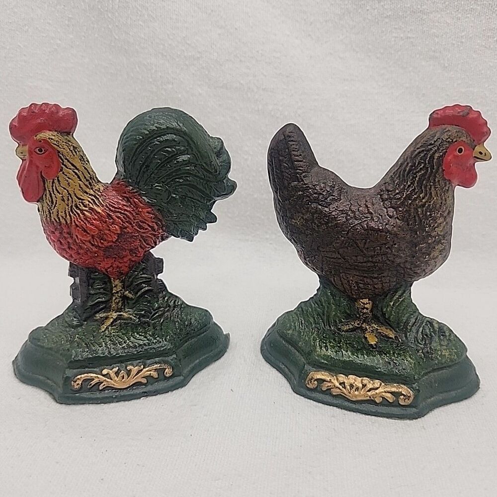 Doorstop Rooster & Chicken Wright Studios Cast Iron Door Stops VTG Hand Painted